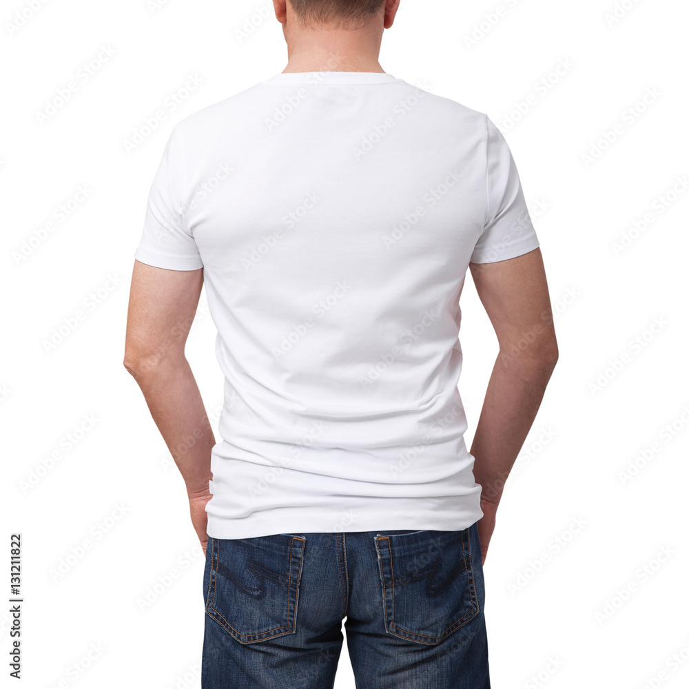 Man wearing blank t-shirt isolated. Tshirt design and people concept - close up of man in blank white t-shirt. For mock up template design. Back view Man wearing blank t-shirt isolated. Tshirt design and people concept - close up of man in blank white t-shirt. For mock up template design. Back view