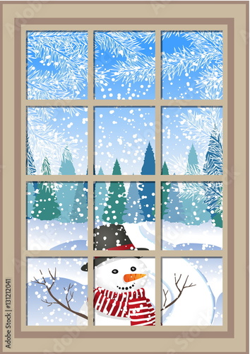 winter Christmas window with a view of the snowy forest. Christmas card. winter window with the landscape and snowman