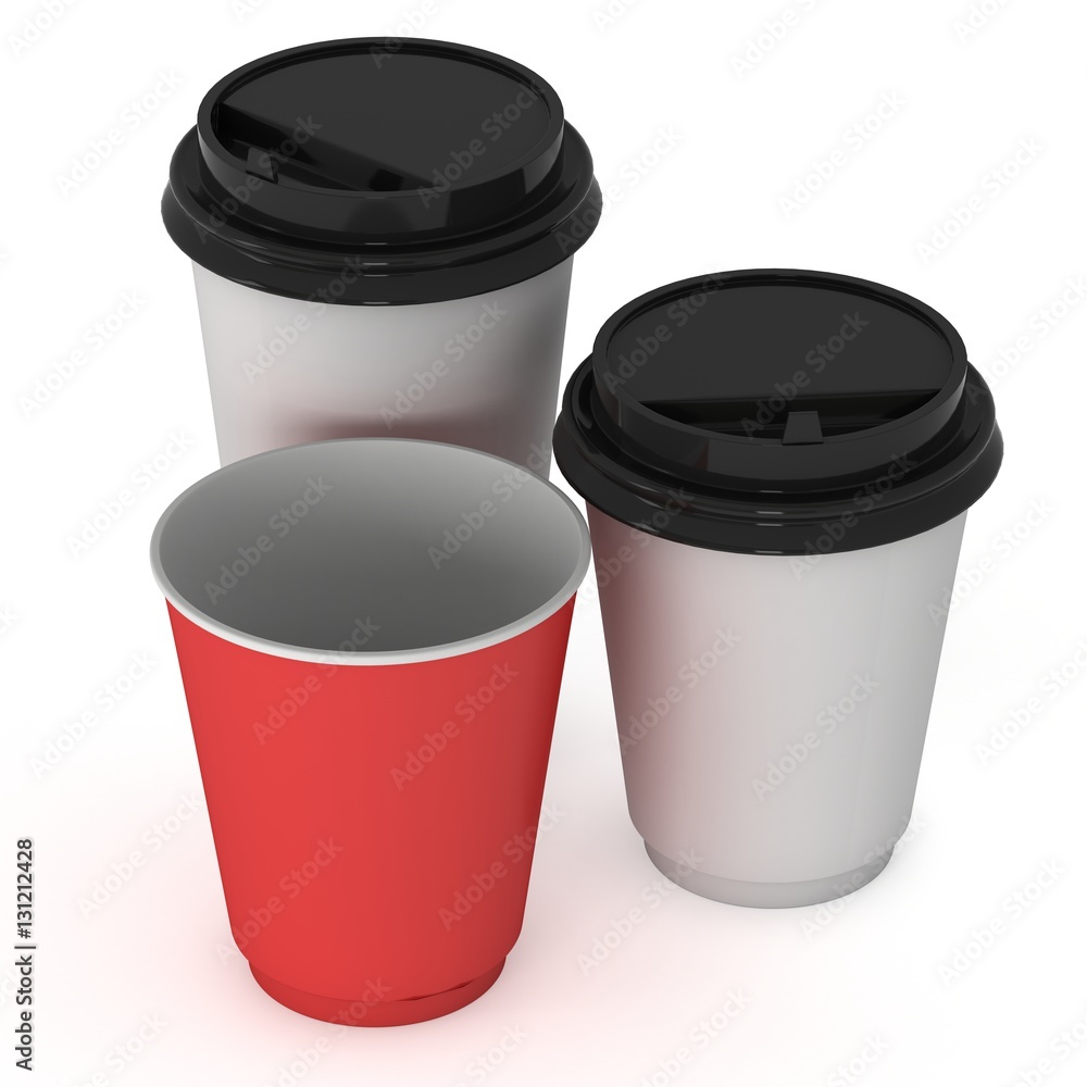 Disposable coffee cups. Blank paper mug. 3d render isolated on white background Disposable coffee cups. Blank paper mug. 3d render isolated on white background