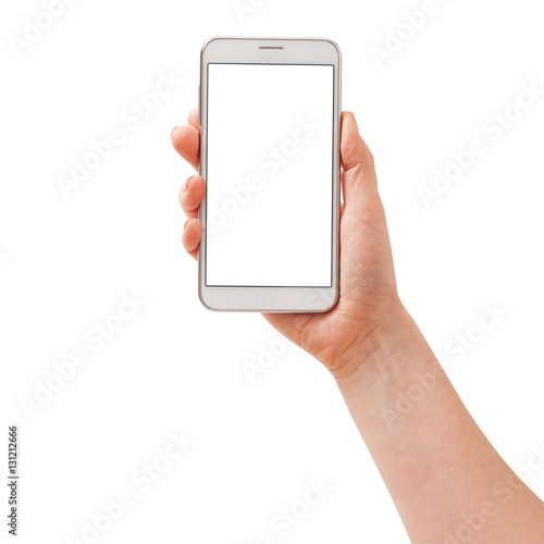 Woman hand holding the white smartphone isolated.