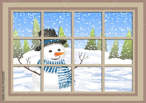 winter Christmas window with a view of the snowy forest. Christmas card. winter window with the landscape and snowman