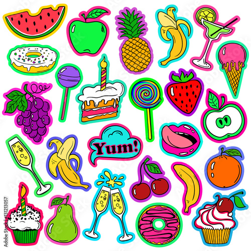 Fototapeta Naklejka Na Ścianę i Meble -  Fun Set Of Fruits And Sweets Stickers.