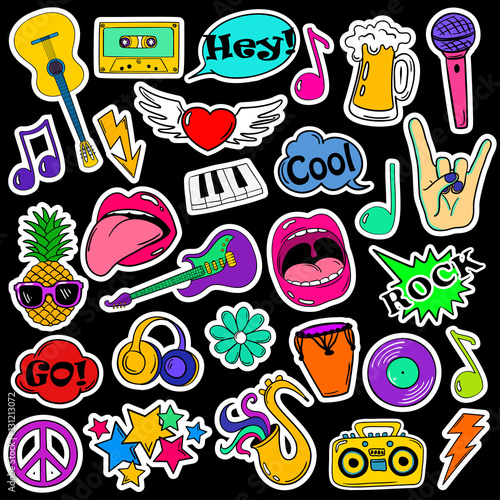 Fun Set Of Cartoon Musical Stickers.