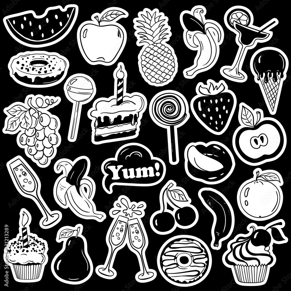 Fun Set Of Fruits And Sweets Stickers.