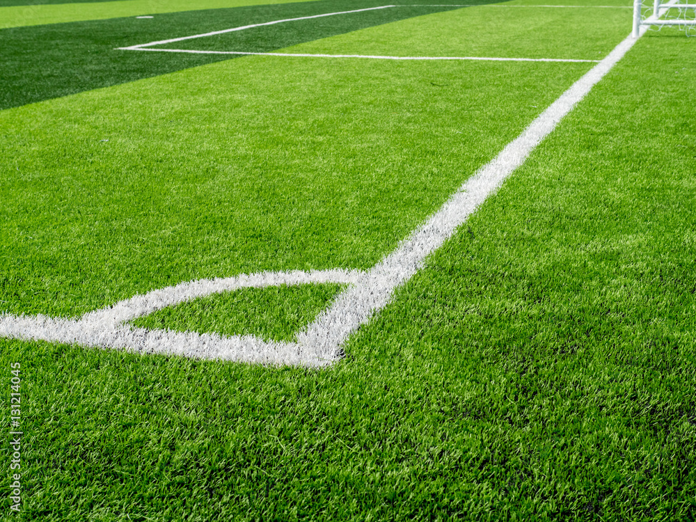 Soccer field, corner side, made from synthetic lawn,selective fo Soccer field, corner side, made from synthetic lawn,selective fo