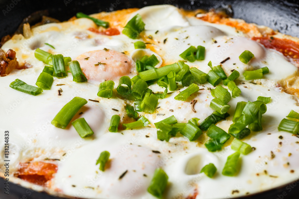 Breakfast on the table: a fried egg in frying pan Breakfast on the table: a fried egg in frying pan