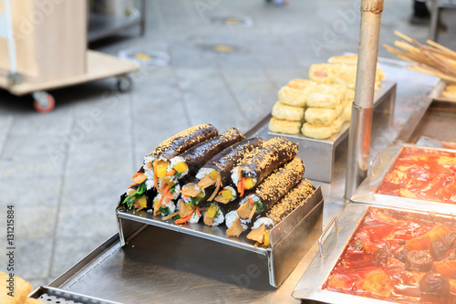 Street food for sale in Busan, Korea. Kimbap photo