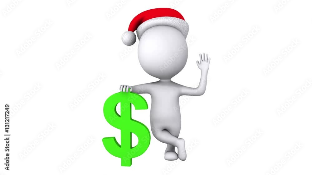 3d white man santa claus stand with green dollar sign. Wave hello. Render christmas footage. Money concept. 3d white man santa claus stand with green dollar sign. Wave hello. Render christmas footage. Money concept.