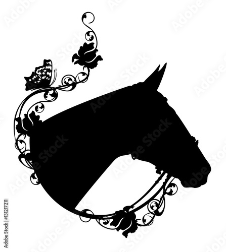 profile horse head among rose flowers black vector silhouette