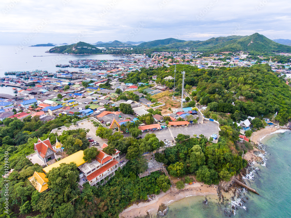 Aerial Shot of Beautiful  Temple  and Fisherman Village with Sea