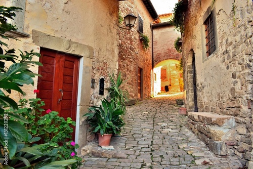  vecchio vicolo in pietra del borgo medievale di Montefioralle nel comune di Greve in Chianti in provincia di Firenze, Italia © Simona Bottone