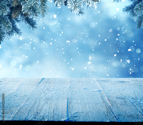 Merry Christmas and happy New Year greeting background with table