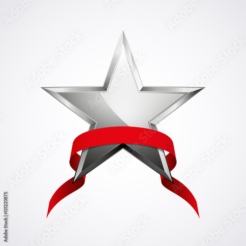 Metal star and red ribbon logo for your design, vector illustration, isolated on white