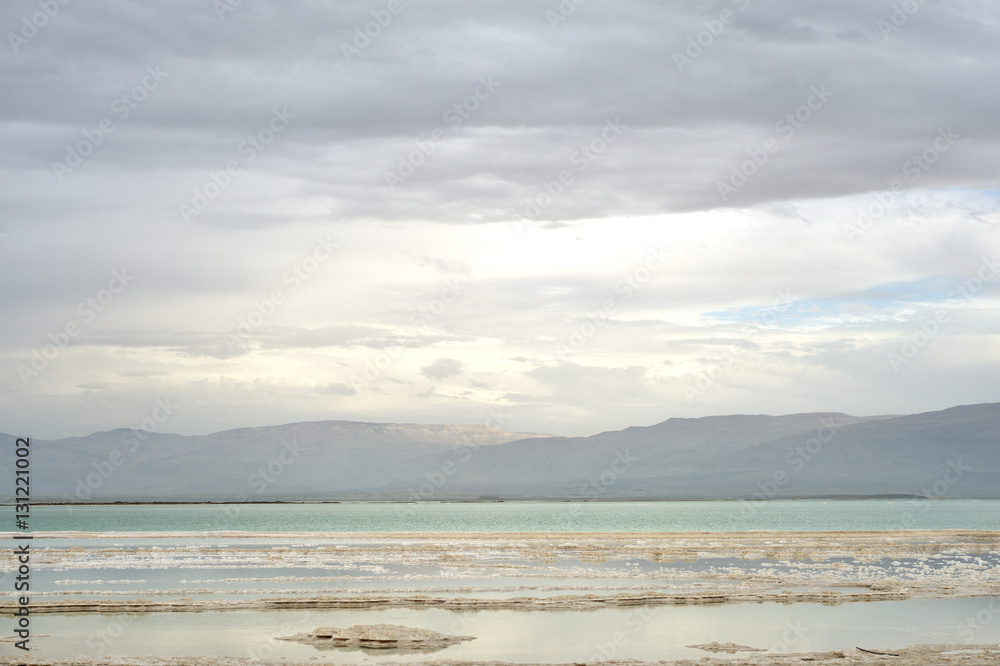 Coast of the Dead Sea in cloudy weather