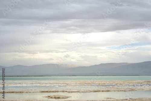 Coast of the Dead Sea in cloudy weather