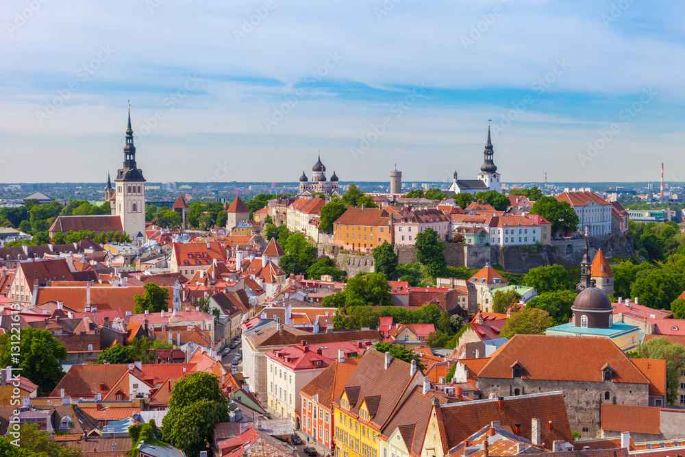 View from tower of St Olaf Church of old Tallinn and roofs