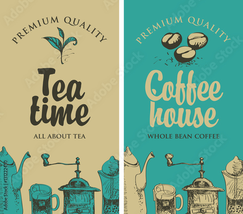 set of vector banners on the theme of tea and coffee with pictures of kitchen equipment