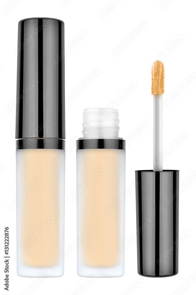 Light beige color liquid concealer closed and open bottle and brush, used for covering blemish on the skin, isolated on white background, with clipping paths Light beige color liquid concealer closed and open bottle and brush, used for covering blemish on the skin, isolated on white background, with clipping paths