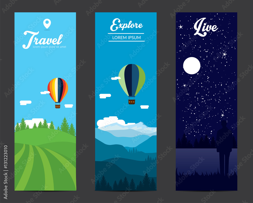 Fototapeta premium Landscape banners set with mountain, air balloons and forest. 