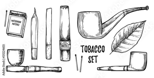 Hand drawn vintage vector illustration - tobacco collection. Des