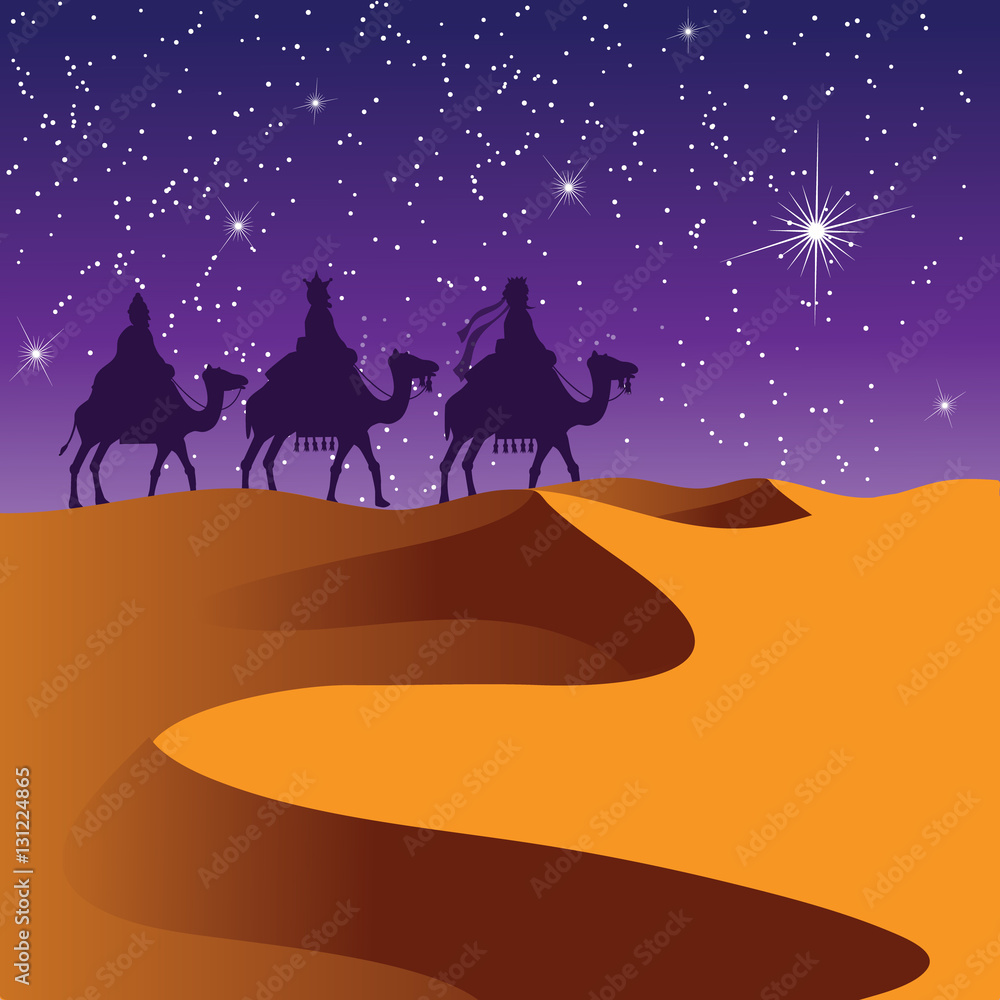 Feliz Dia De Reyes (Day of Kings) featuring the three wise men riding camels. EPS 10 vector.