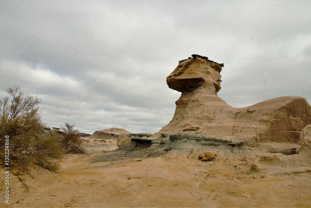 Long shot of the stone formation the Sphynx in the nature reserve Ischigualasto also called Valle de la Luna in the area San Juan in Argentina, South America