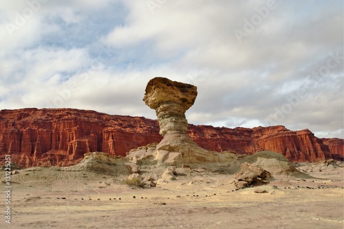 Long shot of the stone formation el Hongo in the nature reserve Ischigualasto also called Valle de la Luna in the area San Juan in Argentina, South America