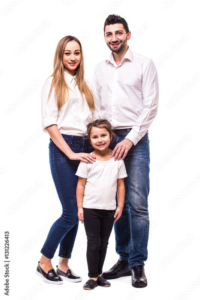 Young Happy family on white background. Mother, father and daughter Young Happy family on white background. Mother, father and daughter