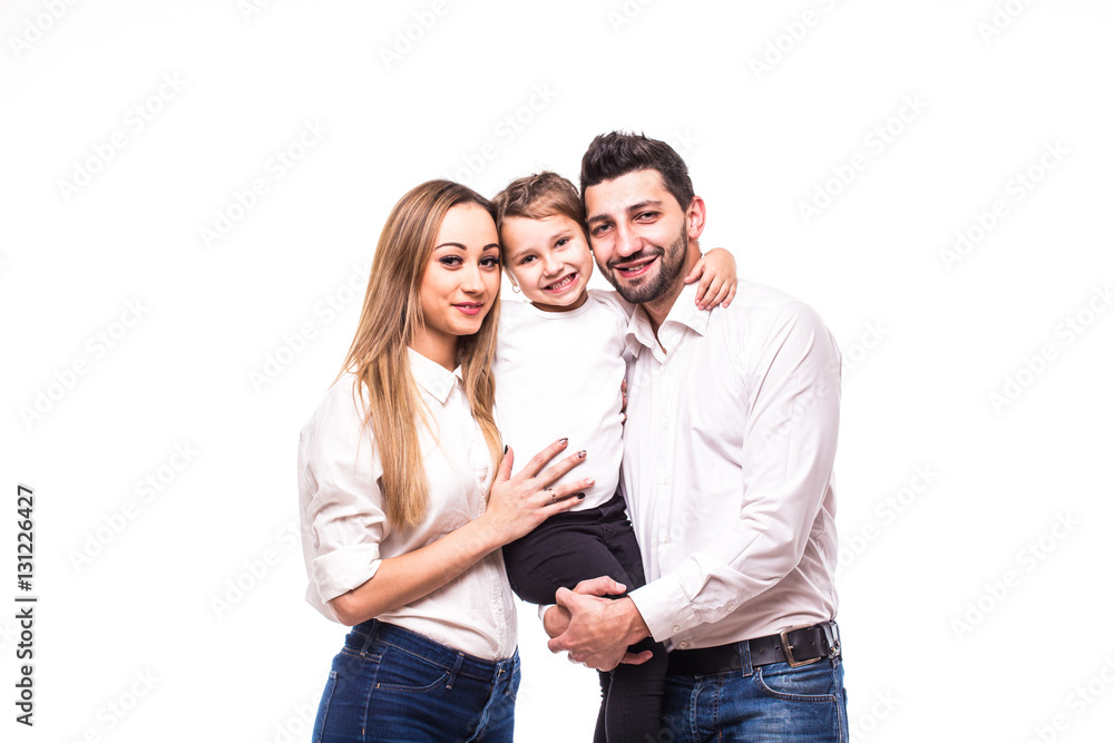 Happy family on white background. Mother, father and daughter Happy family on white background. Mother, father and daughter