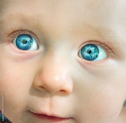 Cropped portrait of blue eyed baby girl looking away photo