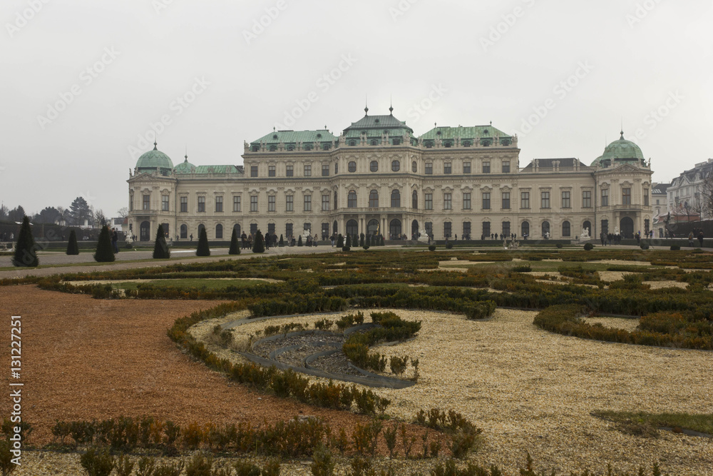 Backside of Schloss Belvedere building in Vienna in a winter foggy day