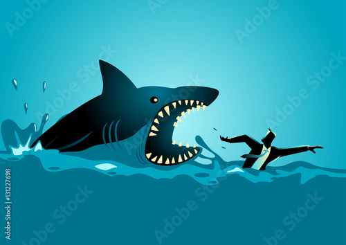 Businessman swimming panicly avoiding shark attacks