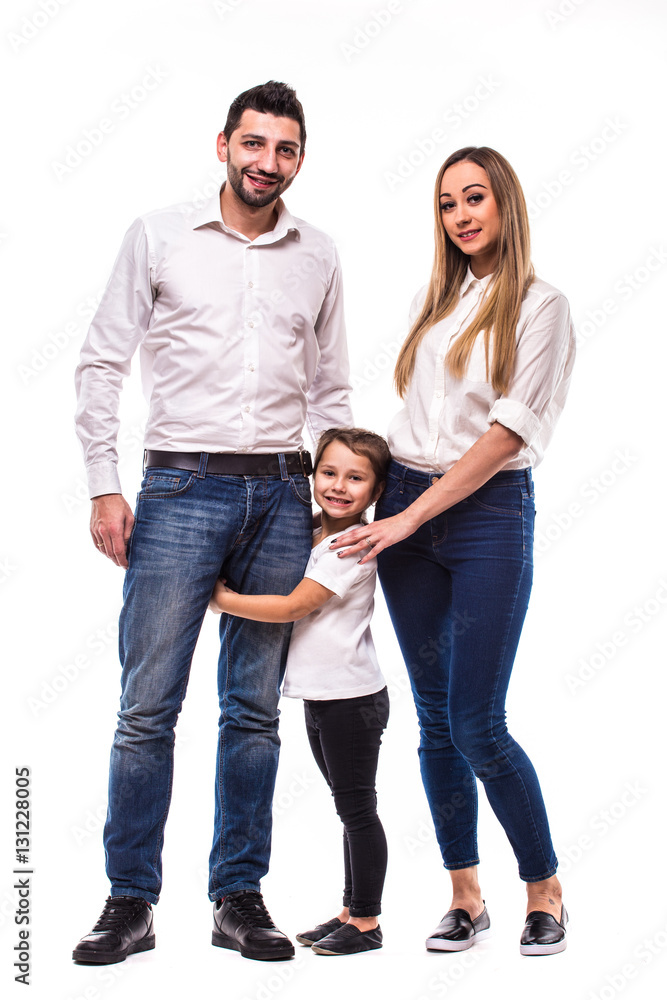 Happy family on white background. Mother, father and daughter Happy family on white background. Mother, father and daughter