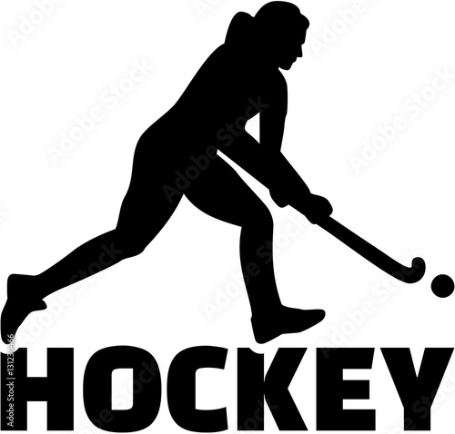 Female field hockey player with hockey word