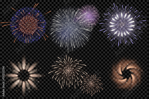 Set of isolated vector fireworks on transparent background