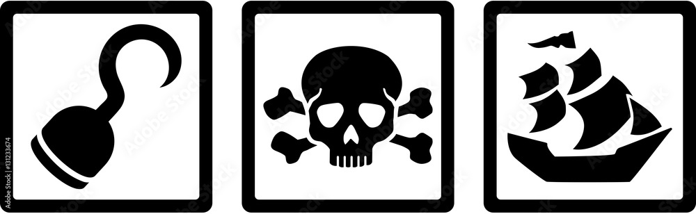 Pirate icons. Hook, Skull with bones, ship Pirate icons. Hook, Skull with bones, ship