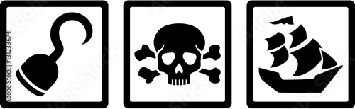 Pirate icons. Hook, Skull with bones, ship