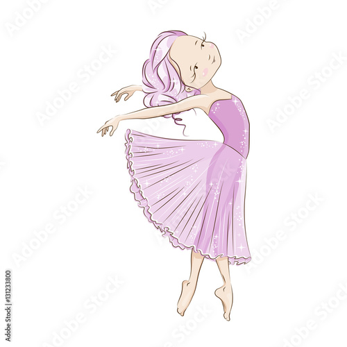Beautiful ballerina in classical tutu on a white background. She is dancing bootlessly in light, beautiful pink dress. Graceful little White Swan. Hand drawn illustration. 