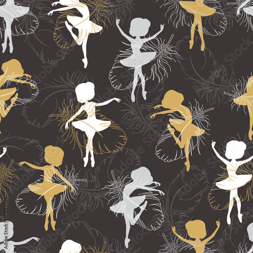 Pattern with silhouette of ballerina"s and feathers of swan.  Retro seamless pattern. Hand drawn illustration.  