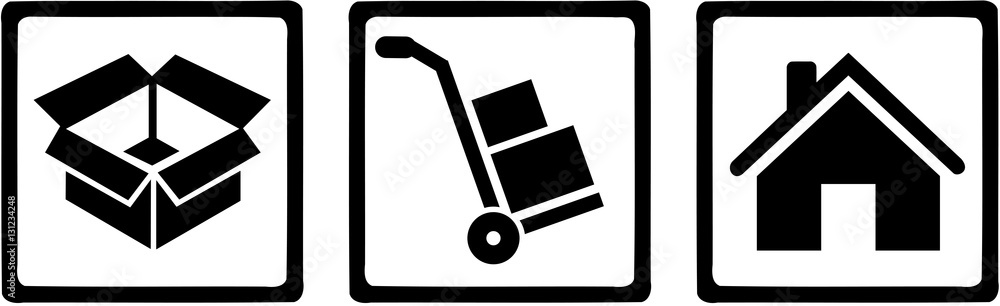 Removal man icons - box, hand truck, home Removal man icons - box, hand truck, home
