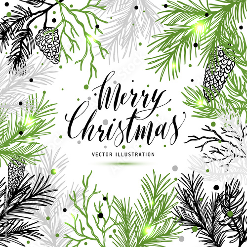 Merry Christmas greeting card with new years tree and calligraph