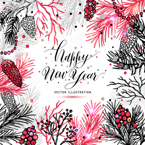 Merry Christmas greeting card with new years tree and calligraph