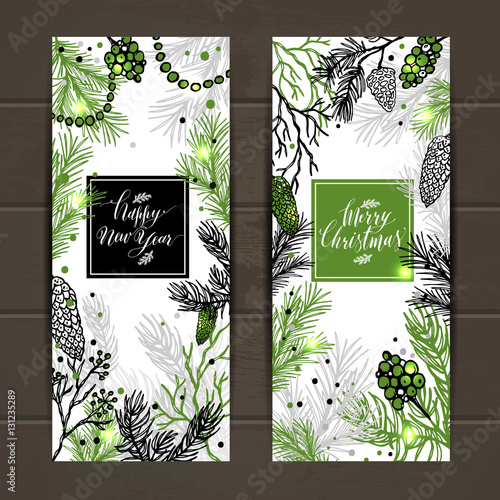 Merry Christmas greeting banners with new years tree and calligr