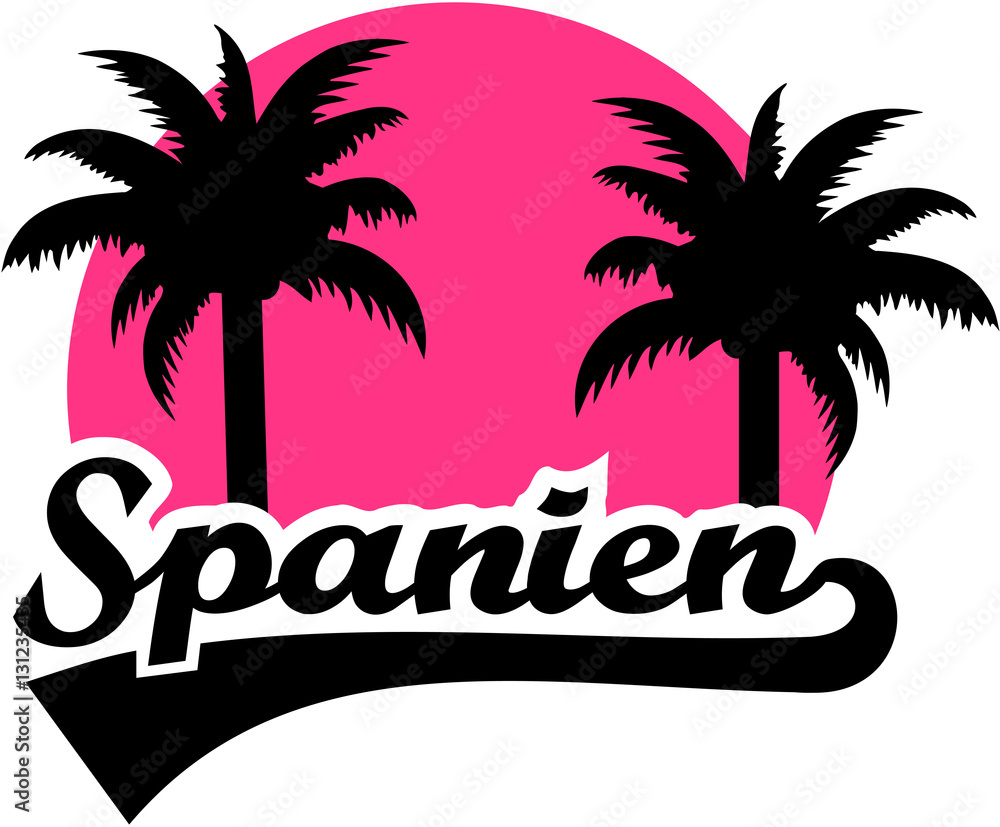 Spain pink sun with palms. German.