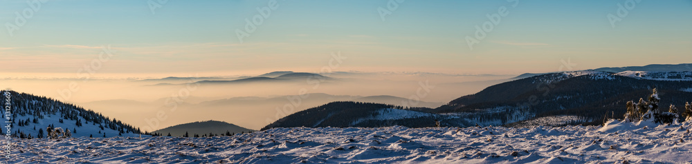 Panorama of amazing sunset mountain landscape in winter