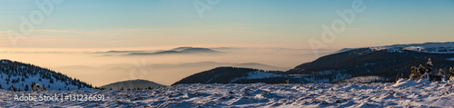 Panorama of amazing sunset mountain landscape in winter