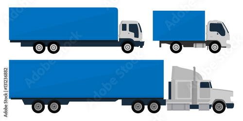 Set of trucks and trailers isolated white background. Trucks and semi-trucks. Vector illustration.
