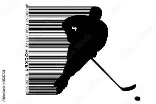 silhouette of a hockey player and barcode.