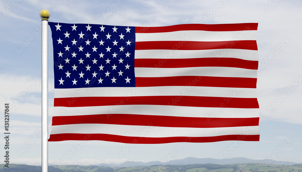 Obraz premium American flag waving in blue sky with clouds on a flag pole