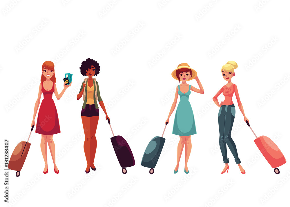 Obraz premium Set of young fashionable women, girls traveling with luggage, suitcases, cartoon illustration isolated on white background. Beautiful Caucasian and African American tourist girls with luggage